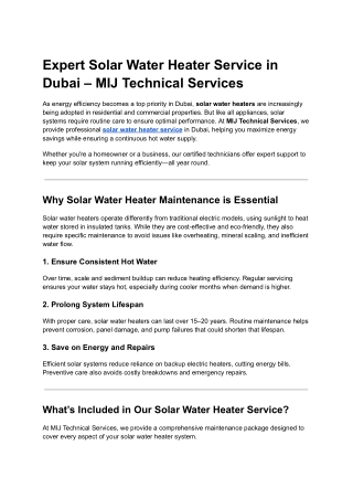 Expert Solar Water Heater Service in Dubai – MIJ Technical Services