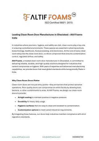 Leading Clean Room Door Manufacturer in Ghaziabad – Altif Foams India