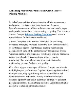 Enhancing Productivity with Sidsam Group Tobacco Packing Machines
