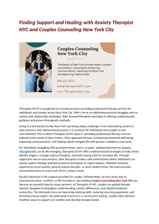 Finding Support and Healing with Anxiety Therapist NYC and Couples Counseling New York City