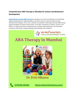 ABA Therapy in Mumbai for Autism and Behavioral Development