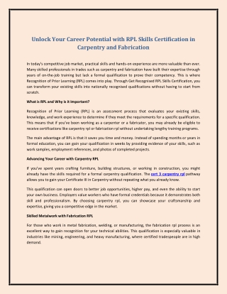 Unlock Your Career Potential with RPL Skills Certification in Carpentry and Fabr