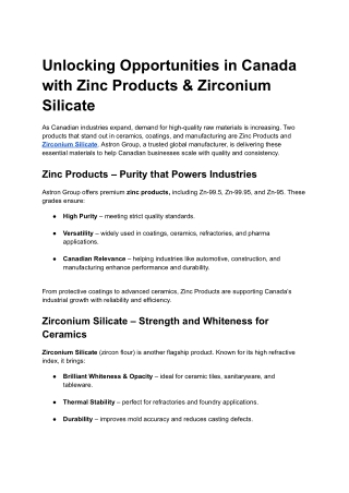 Unlocking Opportunities in Canada with Zinc Products & Zirconium Silicate