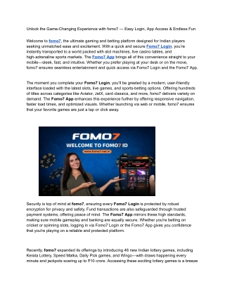 Unlock the Game-Changing Experience with fomo7 — Easy Login, App Access & Endles