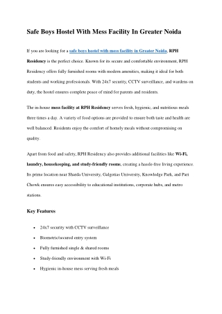 Safe Boys Hostel With Mess Facility In Greater Noida