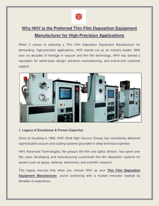 Why HHV is the Preferred Thin Film Deposition Equipment Manufacturer for High-Precision Applications