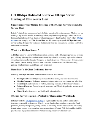 Get 10Gbps Dedicated Server or 10Gbps Server Hosting at Elite Server Host