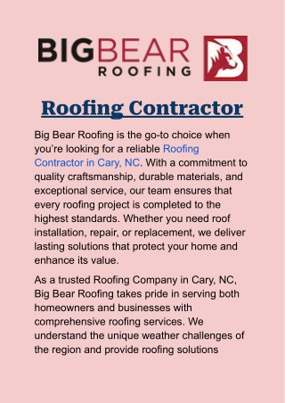 Roofing Contractor in Cary, NC: Reliable Roofing Services by Big Bear Roofing