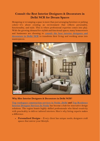 Consult the Best Interior Designers & Decorators in Delhi NCR for Dream Spaces