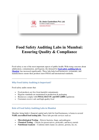 Food Safety Auditing Labs in Mumbai – Trusted Testing & Compliance