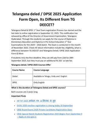 Telangana deled / DPSE 2025 Application Form Open, Its Different from TG DEECET?