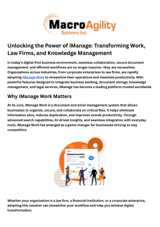 Unlocking the Power of iManage Transforming Work, Law Firms, and Knowledge Management