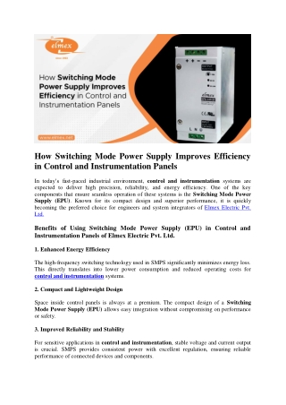 How Switching Mode Power Supply Improves Efficiency in Control and Instrumentati