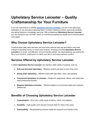 Upholstery Service Leicester – Quality Craftsmanship for Your Furniture