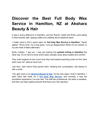 Discover the Best Full Body Wax in Hamilton, NZ at Akshara Beauty & Hair