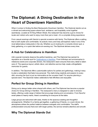 The Diplomat A Dining Destination in the Heart of Downtown Hamilton