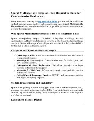Sparsh Multispecialty Hospital – Top Hospital in Bhilai for Comprehensive Healthcare