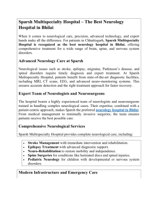 Sparsh Multispecialty Hospital – The Best Neurology Hospital in Bhilai