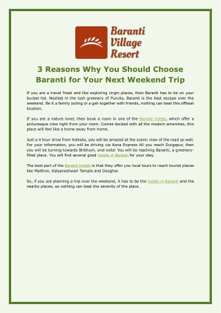 3 Reasons Why You Should Choose Baranti for Your Next Weekend Trip