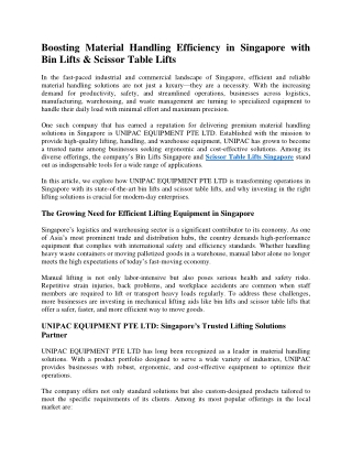 Boosting Material Handling Efficiency in Singapore with Bin Lifts & Scissor