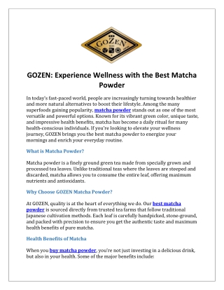 GOZEN Experience Wellness with the Best Matcha Powder