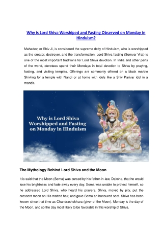 Why is Lord Shiva Worshiped and Fasting Observed on Monday in Hinduism?