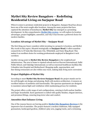 Mythri Sity Review Bangalore – Redefining Residential Living on Sarjapur Road