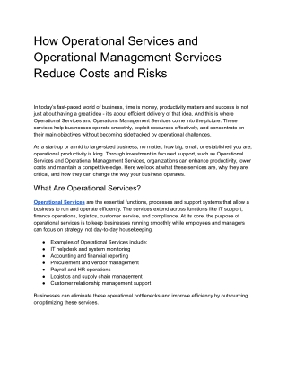 How Operational Services and Operational Management Services Reduce Costs and Risks