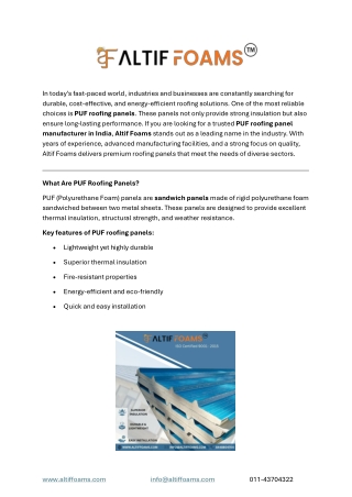 Buy PUF Roofing Panels in India at Best Price Altif Foams