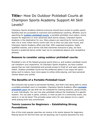 How Do Outdoor Pickleball Courts at Champion Sports Academy Support All Skill Levels_