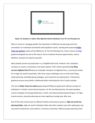 Expert Tax Guidance in Dallas: Why High-Net-Worth Individuals Trust The Tax Plan