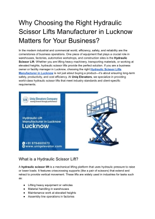 Hydraulic Scissor Lifts Manufacturer in Lucknow