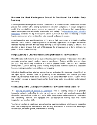 Discover the Best Kindergarten School in Gachibowli for Holistic Early Learning