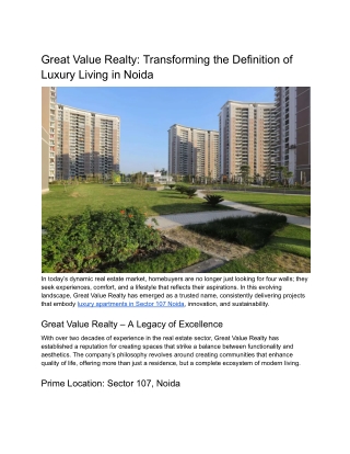 Great Value Realty: Transforming the Definition of Luxury Living in Noida