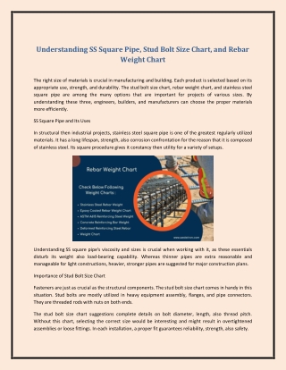 Understanding SS Square Pipe, Stud Bolt Size Chart, and Rebar Weight Chart