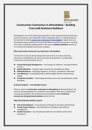 Construction Contractors in Ahmedabad – Building Trust with Brahmani Buildcon