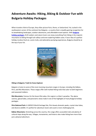 Adventure Awaits Hiking, Biking & Outdoor Fun with Bulgaria Holiday Packages