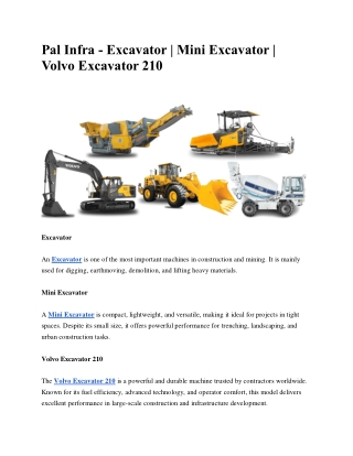 Pal Infra - Excavator | Mini Excavator | Volvo Excavator 210