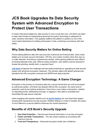 JCS Book Upgrades Its Data Security System with Advanced Encryption to Protect User Transactions