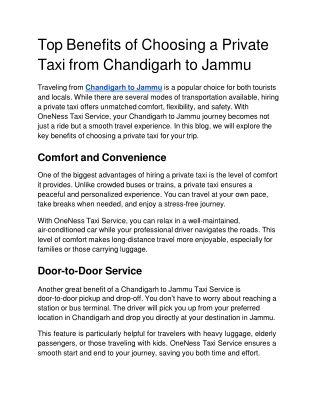 Top Benefits of Choosing a Private Taxi from Chandigarh to Jammu