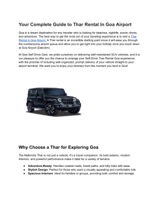 Thar rental in Goa airport - Goa Self Drive Cars