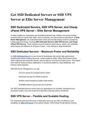 Get SSD Dedicated Servers or SSD VPS Server at Elite Server Management