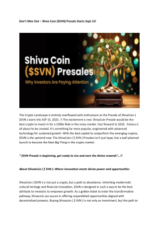 Don’t Miss Out Shiva Coin ($SVN) Presale Starts Sept 15!