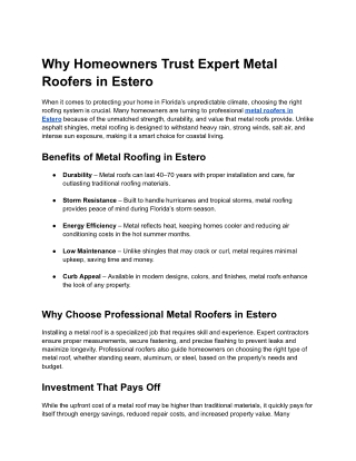 Why Homeowners Trust Expert Metal Roofers in Estero