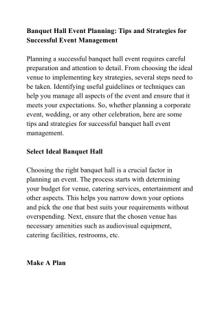 Banquet Hall Event Planning: Tips and Strategies for Successful Event Management