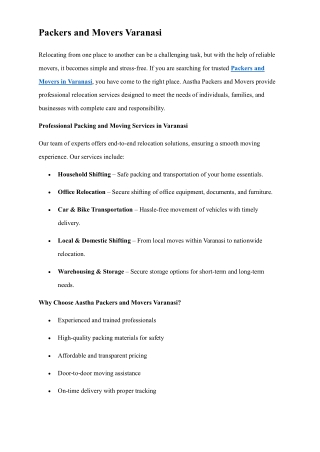 Packers and Movers Varanasi