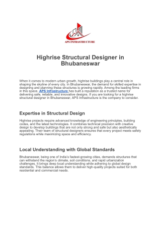 Highrise Structural Designer in Bhubaneswar