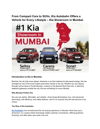 From Compact Cars to SUVs, Kia Autobahn Offers a Vehicle for Every Lifestyle – Kia Showroom in Mumbai