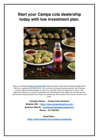 Start your Campa cola dealership today with low investment plan.