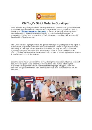 CM Yogi's Strict Order in Gorakhpur